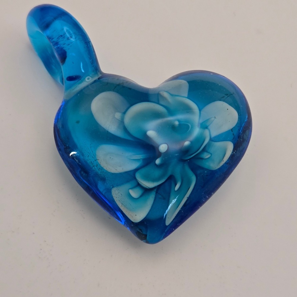 Artisan Heart Pendant Beautiful Blue Glass Floral Lampwork Necklace Artistic Art